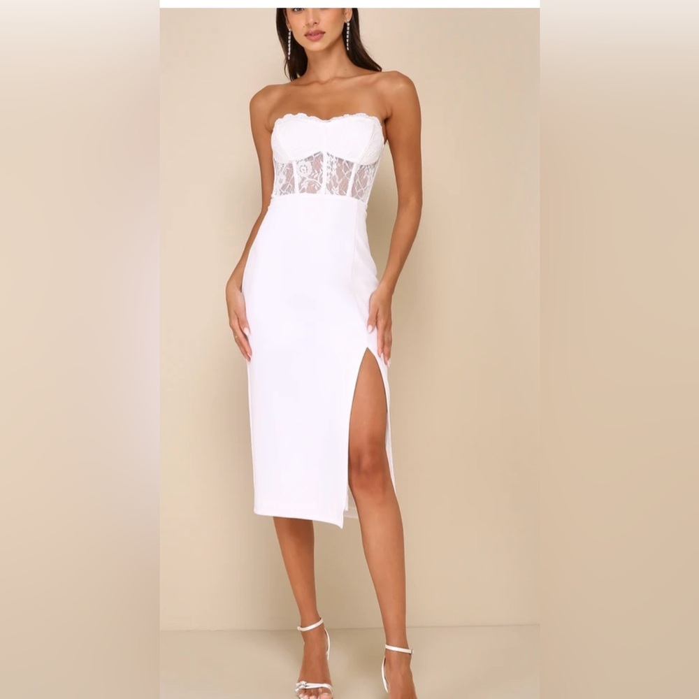 Exquisitely Sultry White Lace Strapless Bustier Midi Dress